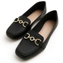 Women's Square Toe Loafer With Chain Detail, Comfortable Casual Style - Negro - Ver 4