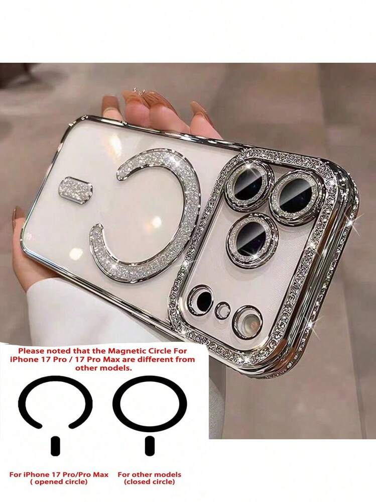 Premium magnetische, goldbeschichtete Strass Handyhülle, kompatibel mit iPhone 17 Pro Max, 16, 15, 14, 13, 12, 11 Pro, inklusive Kameraobjektivschutz und kabelloser Ladeabdeckung - Silber - Übersicht 27