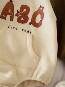 1件婴儿男童可爱卡通熊和英文字母图案加厚保暖连体衣，柔软毛绒面料，休闲度假风格，适合秋冬季居家、户外、幼儿、派对等场合 - 杏色 - 查看 5