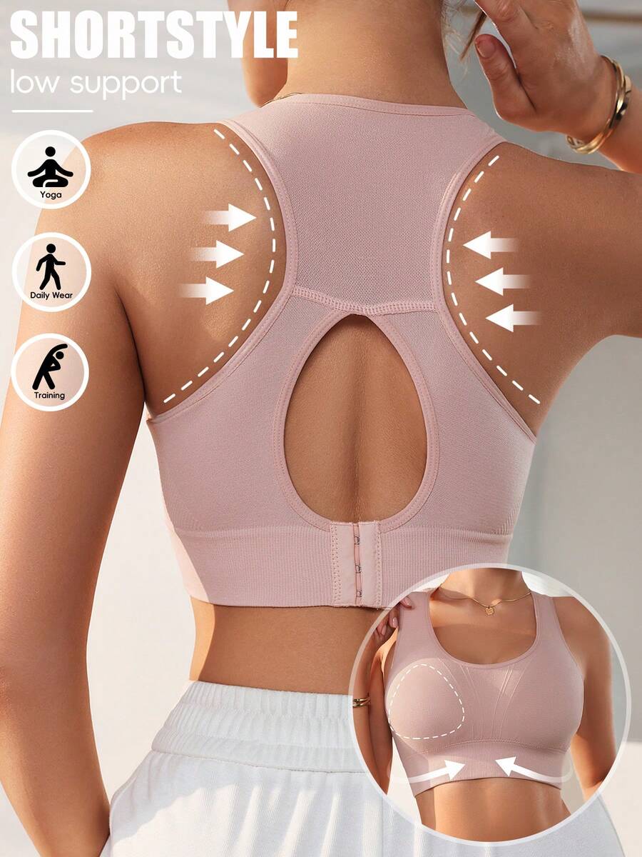 1pc Pink Seamless Sports Bra With Backless Design, Elastic Women Solid Color Underwear For Outdoor Wear