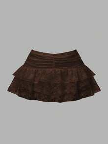 Women's Low-Waist Lace Ruffle Layered Pleated Cute Cake Skirt, Suitable For Parties, Shopping, And Gatherings Summer - Coffee Brown - View 5