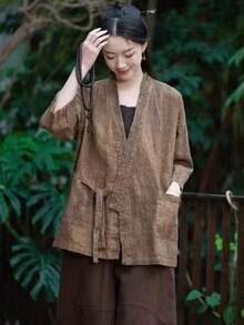 LUCIDVUE 1pc Women's Chinese Style Linen Jacket, Spring/Summer New Retro Loose Fit Tie-Waist Top With Pockets, Open Front Casual Cardigan, Tea Ceremony Outfit - Mocha Brown - View 7