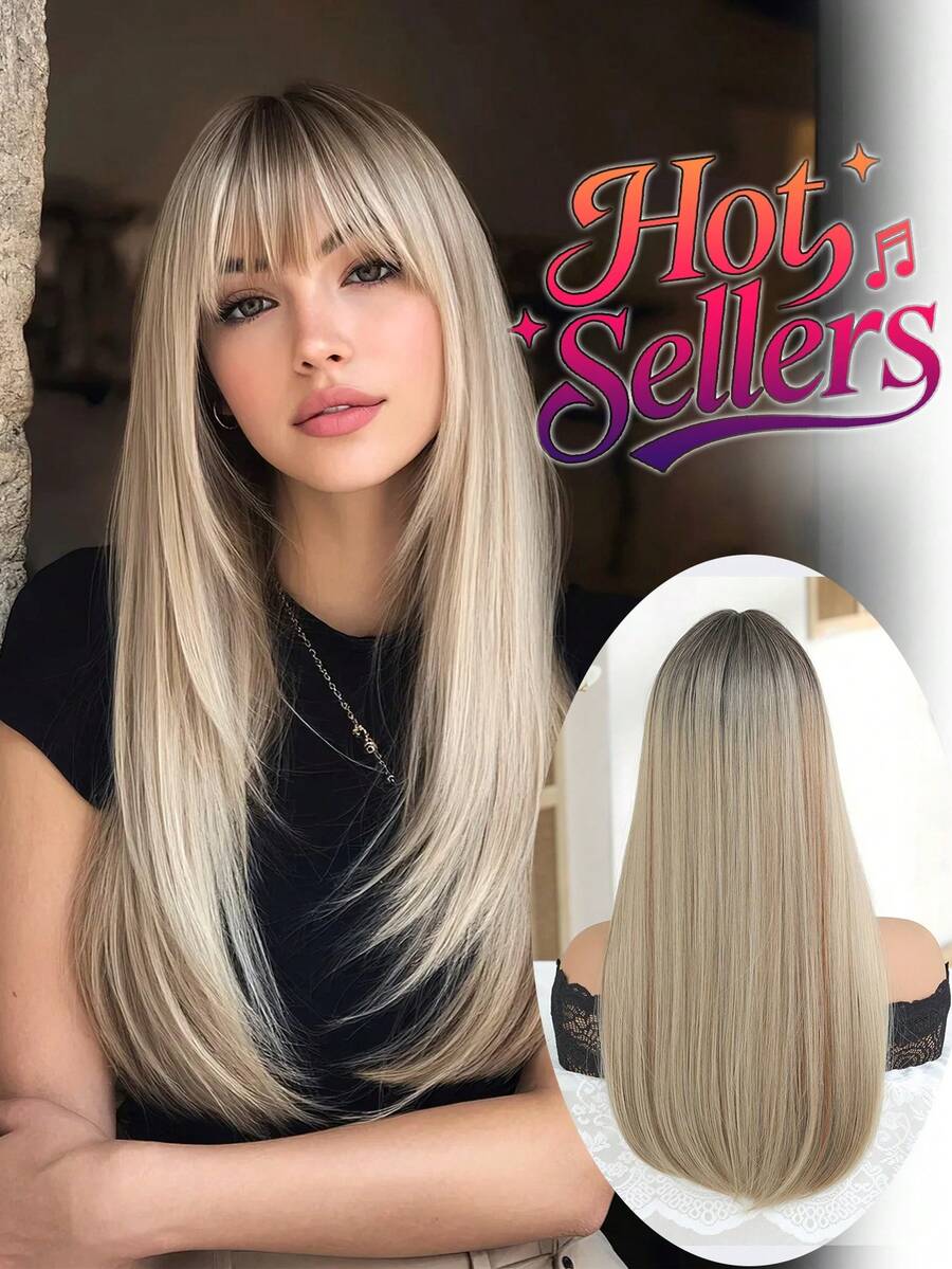 24 Inches Long Straight Hair Blonde Wig With Neat Bangs Layered Wigs Silky Smooth Straight Go-To Everyday Look Editor's Pick High-Fashion Statement Piece Party Wigs Cosplay Wigs Heat-Resistant Synthetic Fiber Suitable For Festival And Cosplay Wigs For Women Hairstyle Christmas Wig - 漸變金色 - 查看 1