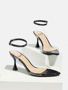 Women's Pointed Toe High Heel Shoes, Transparent PVC Glass Texture Ankle Strap Sandals, Elegant And Glamorous For Parties, Banquets, Outdoor Events, Suitable For Spring/Summer - Black - View 5
