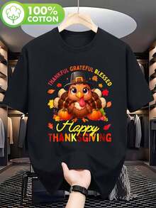 Camiseta de Acción de Gracias con Pavo - 100% Algodón 180gsm Pesada, Cuello Redondo Casual con Estampado de Pavo, Peregrino y Hojas de Otoño - Conjunto Feliz de Acción de Gracias para Reuniones Familiares, Desfiles y Juegos - Negro - Ver 2