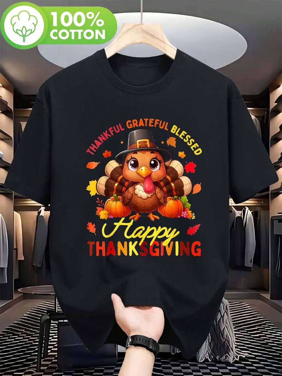 Camiseta de Acción de Gracias con Pavo - 100% Algodón 180gsm Pesada, Cuello Redondo Casual con Estampado de Pavo, Peregrino y Hojas de Otoño - Conjunto Feliz de Acción de Gracias para Reuniones Familiares, Desfiles y Juegos
