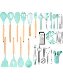 مجموعة أدوات المطبخ السيليكون ذات المقابض الخشبية (12 قطعة/مجموعة أو 44 قطعة/مجموعة) مقاومة للحرارة العالية وغير لاصقة، أدوات طهي وخبز، تستخدم في عيد الميلاد