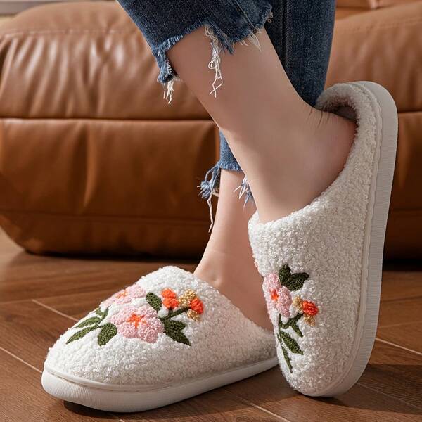 Women's Pink Rose Printed Comfortable, Fluffy Plush Slip-On Home Slippers, Soft Indoor Non-Slip Slippers, A Gift For Lovers, Warm Women's Cute Flower TPR Slippers For Autumn And Winter Home Use, Slippers For Women, Christmas Slippers Women