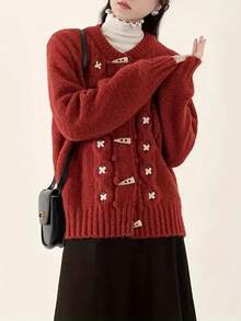 ニットカーディガン レディース 秋冬 ゆったり かわいい 刺繍 牛角ボタン アウター 韓国ファッション 大人可愛い おしゃれ 通学 通勤 防寒 羽織り - バーガンディ - チェックする 2