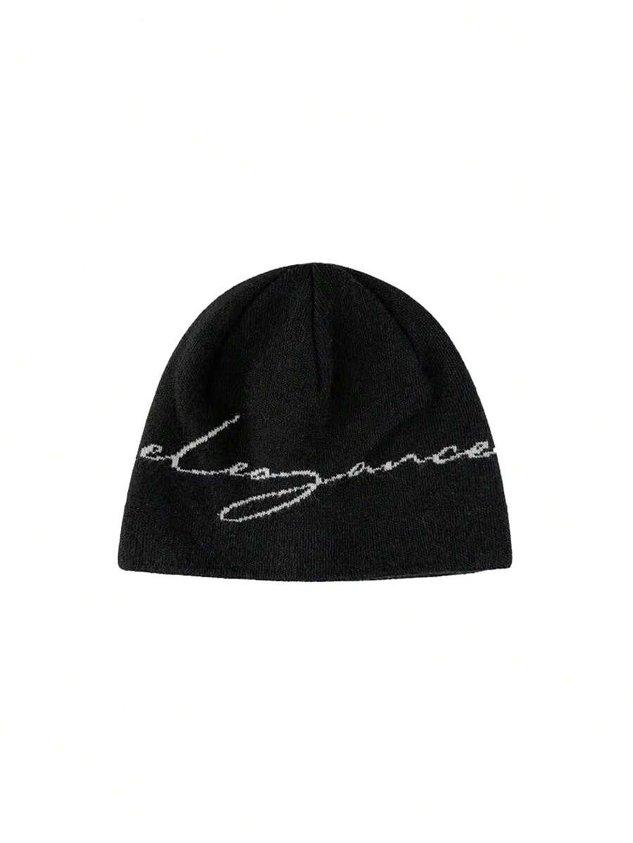 1pc Minimalist "Elegance" White Letter Knit Beanie Hat - Versatile Fashion Item For Autumn/Winter