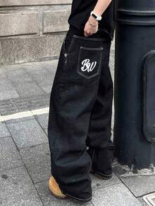 Teens/Youth Boys' Loose Baggy Jeans With Back Pocket English Embroidery - Dark Wash - View 4