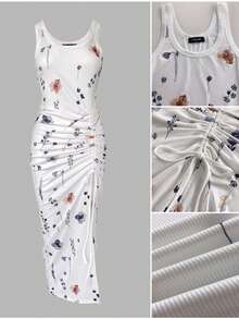 ChicMe Printed Drawstring Split Cami Dress - Women's Casual Ruched U-Neck Sleeveless Fitted Vacation & Daily Outdoor Outfit - White - View 5