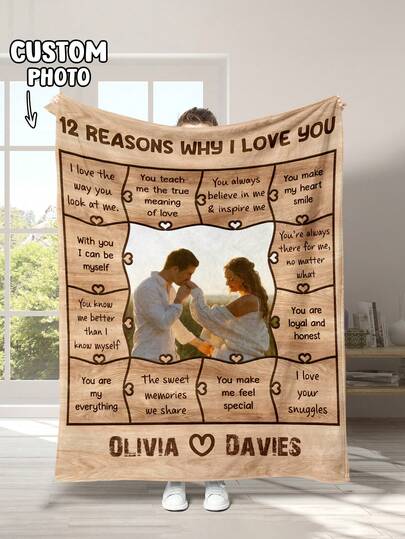 1pc Customized Photo Blanket, Personalized Flannel Blanket With Photo And Text, Bedding Blanket, Custom Photo Blanket, Personalized Family Photo Blanket, Custom Image Blanket, Personalized Throw Blanket With Image, Comfortable Blanket, Family Gift, Wedding Gift, Mother's Day Gift, Birthday Gift, Office Use