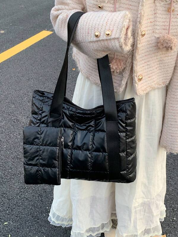 2 Stück Damen Gepolsterte Handtaschen Set: 1 Große Shopper Tasche + 1 Münzbörse, Damen Schultertasche, Tasche, Weihnachtsgeschenk, Kreative Umhängetasche, Lässig Elegante Damen Handtasche, Großer Kapazität College Rucksack, Schwarze gesteppte Shopper Tasche mit großen Taschen