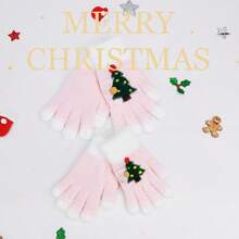 Guanti invernali imbottiti a maglia con motivo natalizio di albero di Natale e fiocchi di neve, adatti per outfit e decorazioni familiari durante le vacanze