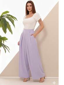 Women's Wide Leg High Waist Wide Leg Pants - Sương mù hoa oải hương - Xem 2