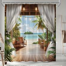 1pc Tropical Beach Cabana Scenery Shower Curtain With Palm Trees, Blue Sky And Island View Polyester Fabric With 12 Hooks, 60x72 Inch, Stylish Bathroom Decor For Modern Homes, Shower Privacy | Artistic Design | Smooth Texture - 彩色 - 查看 2
