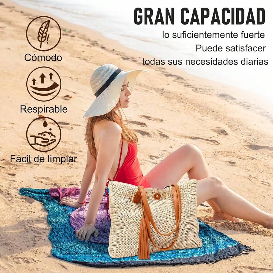 Bolsa de playa para mujer,bolso de hombro para mujer, bolsa de de paja,diseño de cierre magnético, para playa, picnic, vacaciones, compras, gimnasio - Marrón - Ver 1