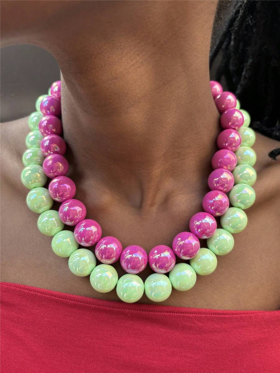 1 pièce Collier exagéré en perles acryliques colorées, collier ras-du-cou à perles rondes géométriques à la mode pour femmes, bijoux faits main pour occasions festives ou port quotidien, esthétique Y2K - collier - Voir 1
