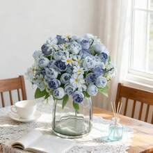 1/80 piezas Flores artificiales de peonía, rosas de té de seda, crisantemos de plástico, ramos de plantas falsas para decoración de boda, día de San Valentín, decoración del hogar, comedor, dormitorio, florero, fiesta de cumpleaños, decoración de Año Nuevo, accesorios de decoración de flores para la muñeca de la novia, decoración del coche de boda, decoración del arco del dintel - Azul - Ver 3