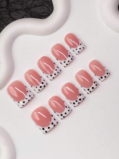 10pcs/Set Handmade Square Nail Tips With Polka Dot French Design, Nude & White Color, Y2K Baddie Style, Suitable For Party, Wedding, Daily Wear, Includes Nail Tools, Great Gift For Women & Girls Nails Nail Supplies Handmade Press On Nails