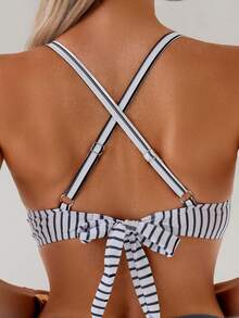 New Sexy High Waist Criss-Cross Strap Bikini Set For Women, Metal Pendant Decor, Adjustable Drawstring, Flattering Tummy Coverage - Blue and White - View 4