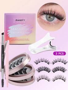 MAGEFY 3 pares de pestañas magnéticas con rizo CC de aspecto natural, reutilizables, con aplicador + recortador de cejas + rizador de pestañas, sin necesidad de pegamento, set de pestañas magnéticas