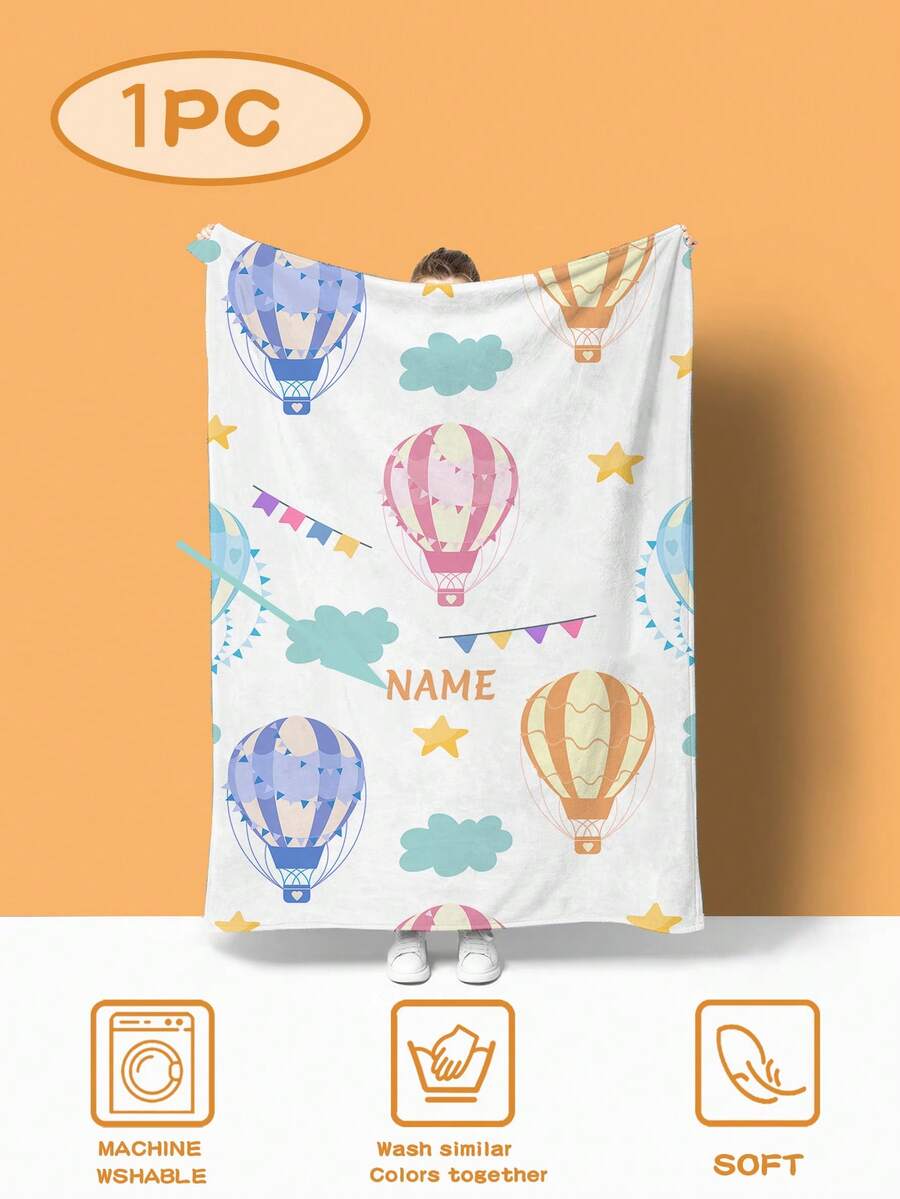 1 Stück Kinderblanket mit Cartoon-Elementen wie rosa Heißluftballons, Wolken und Fahnen als Thema, Flanelldecken aus 100% Polyester 300g dickem Stoff, Klimaanlagen-Zimmer Decken, Schlafmatten, Sofadecken geeignet für Studenten, Schlafsäle, Reisen, Jungen und Mädchen