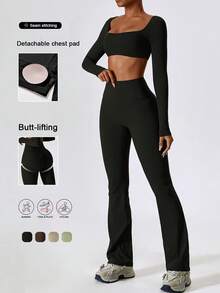 Conjunto deportivo de dos piezas para mujer Aoqta, adecuado para correr, ejercicio, fitness y yoga, con camiseta de manga larga con cuello cuadrado y pantalón corto, para otoño/invierno