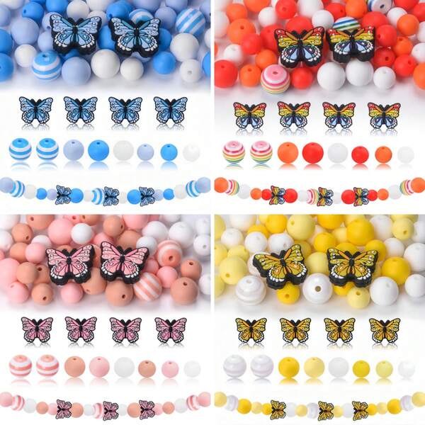 50 szt. Żywych, motylkowych, punktowych i mieszanych silikonowych koralików, z okrągłymi paskami w kształcie plastra miodu, do samodzielnego wyrobu biżuterii, breloków, smyczy identyfikacyjnych, prezentów dla kobiet i dziewcząt