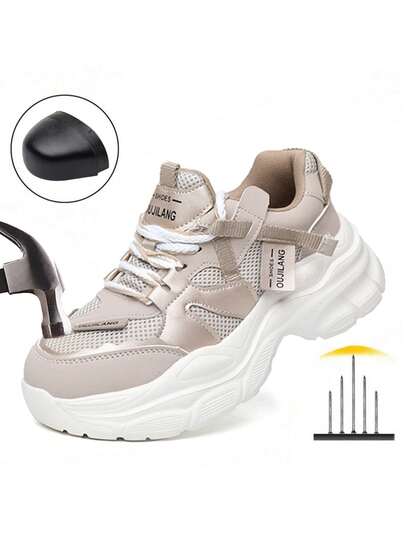 Zapatos de para mujer, zapatos con punta de acero de moda con cordones, zapatos de trabajo resistentes al desgaste, antideslizantes, antichoques, antipinchazos y ligeros con absorción de impactos, zapatos deportivos, botas de protección de