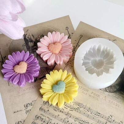 Molde para hacer velas DIY - 1 PIEZA Molde de silicona con forma de margarita con centro en forma de corazón para velas de cera de soja hechas a mano de aromaterapia, molde de silicona reutilizable para manualidades de decoración del hogar para el Día de San Valentín, Día de la Madre, fácil de usar para crear velas hechas a mano románticas