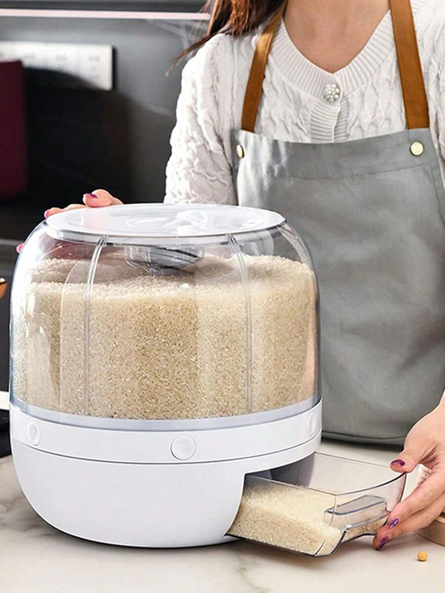 Asnews Grain Dispenser, 360° Rotating Food Storage Container With Lid, Automatic Rice Bucket, Kitchen Storage Box Suitable For Beans, Corn, Wheat And Barley. - White - View 1