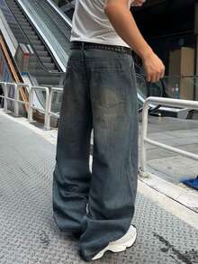 1 pezzo Jeans casual a gamba ampia con lavaggio consumato, design a baffi di gatto, stile vintage americano con vestibilità morbida (cintura e accessori non inclusi) - blu polveroso - Visualizzare 6