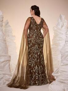 Amber Kate, Neuankömmling, Rundhalsausschnitt, transparent, bestickter Spitze, Perlenbesatz, Applikation, Rüschenärmel, Bodycon, Schlitz, hochwertiges Abendkleid, geeignet für: Ball, Hochzeit, Party, Hochzeitsgast, formelles Dinner, braunes Kleid - Kaffeebraun - Übersicht 2