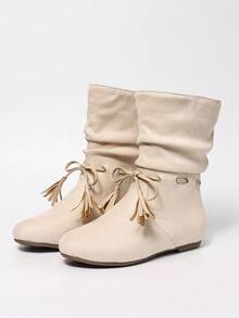 بوت نسائية بيج مطوية بشراشيب منتصف الساق، أنيقة متعددة الاستخدامات للارتداء اليومي والعطلات، ذات أصابع قدم مستديرة مسطحة، موضة خريف/شتاء - بيج - مشاهدة 3