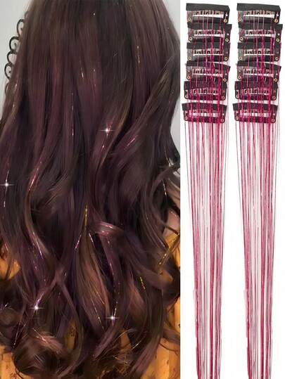 12 Pieces Clip In Medium Straight Synthetic Hair Extensions, Hair Accessories - Essential For Parties, Light-Emitting Wig, Clip In 20 Inch Colorful Glitter Hair Extensions, Holiday Gift Party Dazzling Hair Accessories - Lightweight Durable Synthetic Hair, Suitable For Festivals, Galas, Cosplay, Fashion Party Christmas Gift, K-Pop Costume Accessories