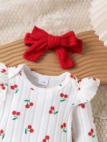 2件套女婴可爱柔软樱桃图案长袖连体衣+红色裤子套装，秋冬季 - 紅色 - 查看 5