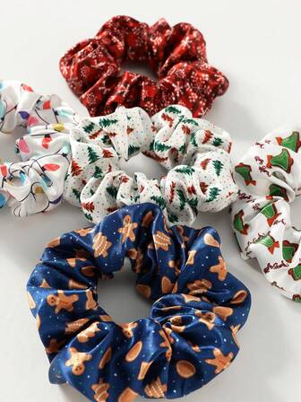 5pcs/Set Women's Fashion Original Christmas Snowflake, Christmas Bell, Christmas Tree, Colorful Lights, Gingerbread Man Print Hair Scrunchies, Christmas Party Hair Accessories Gift ,Hair Ties ,Scrunchy Hair Ties Ponytail
