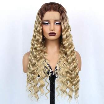 13x4 Blonde Wigs Ombre Brown Roots To Blonde Pre-Plucked 180% Density Luscious Blonde Deep Wave Wig HD Transparent Frontal Wig Glueless Lace Front Wigs For Women Girls Party Vacation Daily Used 28inch