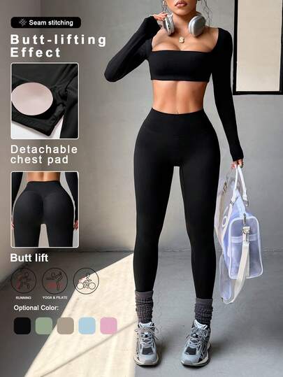 Conjunto deportivo de dos piezas para mujer de Aoqta, con top de manga larga y cuello cuadrado, y pantalones ajustados, para otoño e invierno, apto para fitness, yoga, running y ejercicio