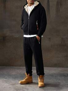 Men's Outfit: Fashionable Hooded Sweatshirt Sweatshirt With Drawstring Waist Contrast Zipper Design Pants, Suitable For Autumn/Winter - Black - View 2