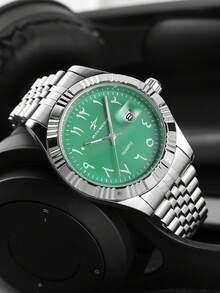 RICECGO 男士经典商务腕表，阿拉伯数字绿色表盘，不锈钢表带，适合日常佩戴、商务会议、男士礼物、情人节礼物。 - 銀色 - 查看 2