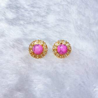 1 对水钻镶嵌圆形绿松石耳钉，适合女性日常佩戴