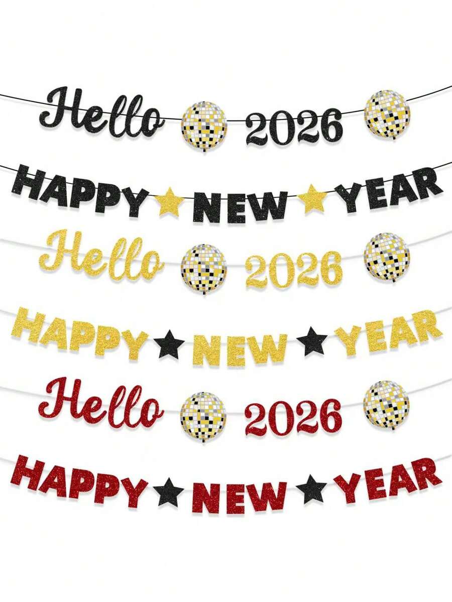 2个“你好 2026 / 新年快乐”横幅，2026新年主题派对装饰旗帜 - 彩色 - 查看 1