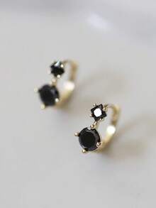 GAGAFEEL A Pair Of Sterling S925 Silver Vintage Simple Elegant Cool Agate Small Black Zirconia Golden Plated Earrings For Women Fashion Ear Hoops Daily Life Party Jewelry Gift