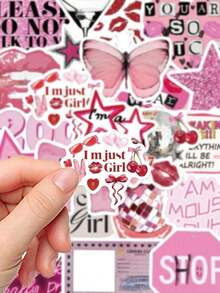 50Pcs Pink Y2K Girls Stickers Waterproof PVC Gift Cartoon Decoration Scrapbook Laptop Luggage Guitar Water Cup Phone Case DIY Decal, School Supplies,Back To School - 粉色 - 查看 3