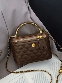 1件黑色休闲百搭手提小方包，时尚刺绣格纹面料，适用于办公、手机、口红、零钱收纳、购物、钱包，适合年轻女性、大学生、新婚夫妇、白领人士。非常适合办公室、大学、工作、商务、通勤、户外活动、旅行和短途旅行 - 咖啡棕 - 查看 4