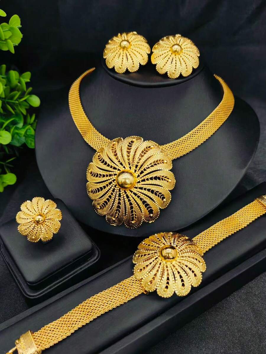 1 Necklace, 1 Pair Earrings, 1 Bracelet, 1 Ring, 4pcs Copper Flower Jewelry Set, Fashion Jewelry Suit For Women, Dubai Bride Wedding Party Christmas New Year Holiday Gift