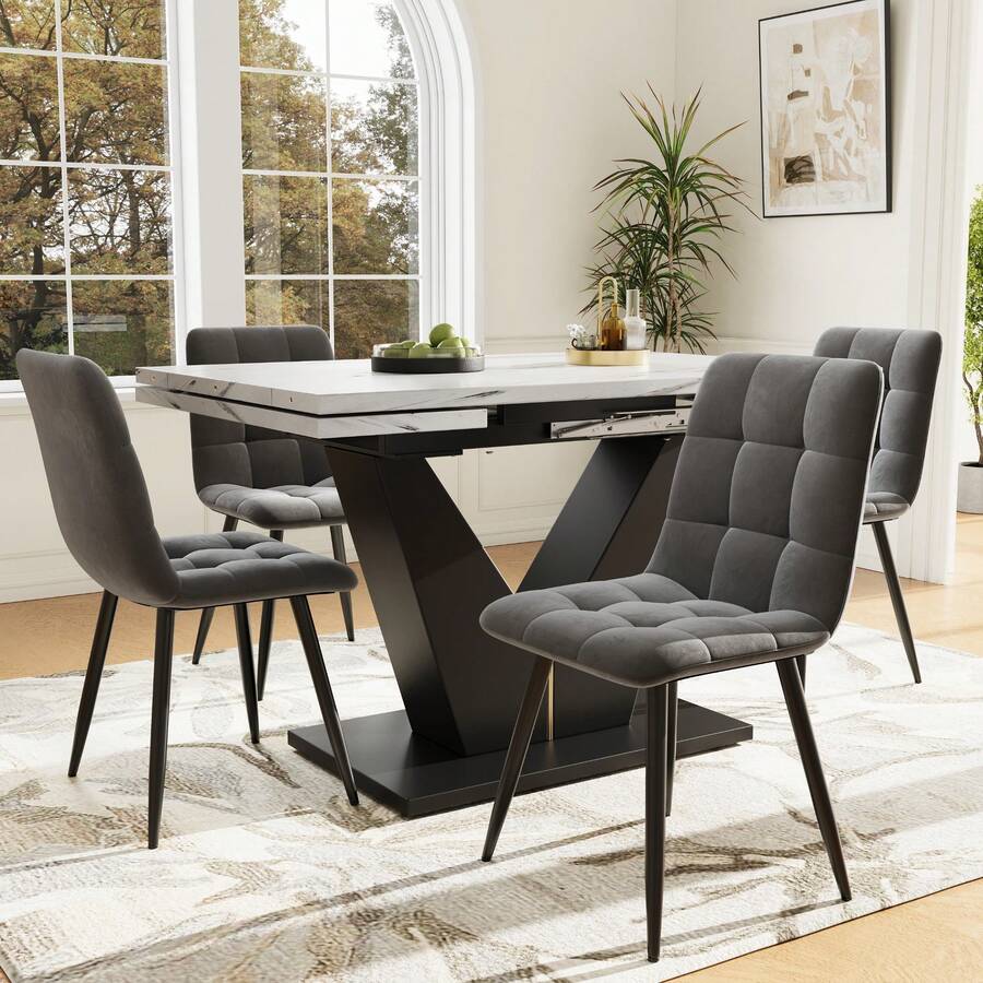 Dining Table Set (5 Pieces), Dining Table Set With 4 Chairs, Modern Kitchen Table Set With Extendable Table Top, Black V-Shaped Legs, White Marble Table Top, Grey Velvet Dining Chairs